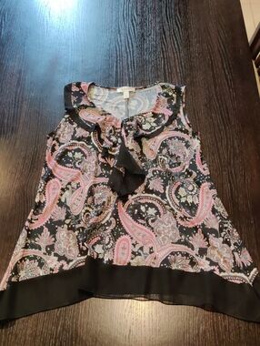 Dressbarn Paisley Ruffle-Neck Sleeveless Top - Black, Pink & Cream